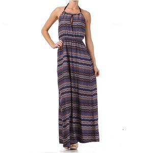 Blue and Tan Chevron Full Length Halter Dress Blue and Tan Chevron Full Length
